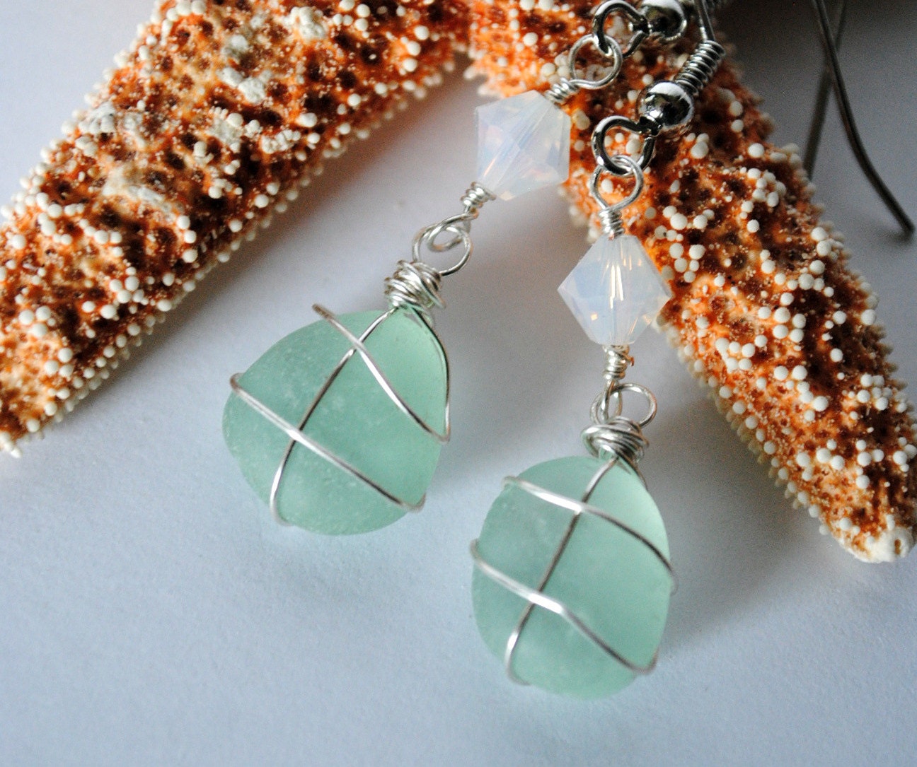 Sea Glass Earrings, Wire Wrapped Jewelry, Round and Round