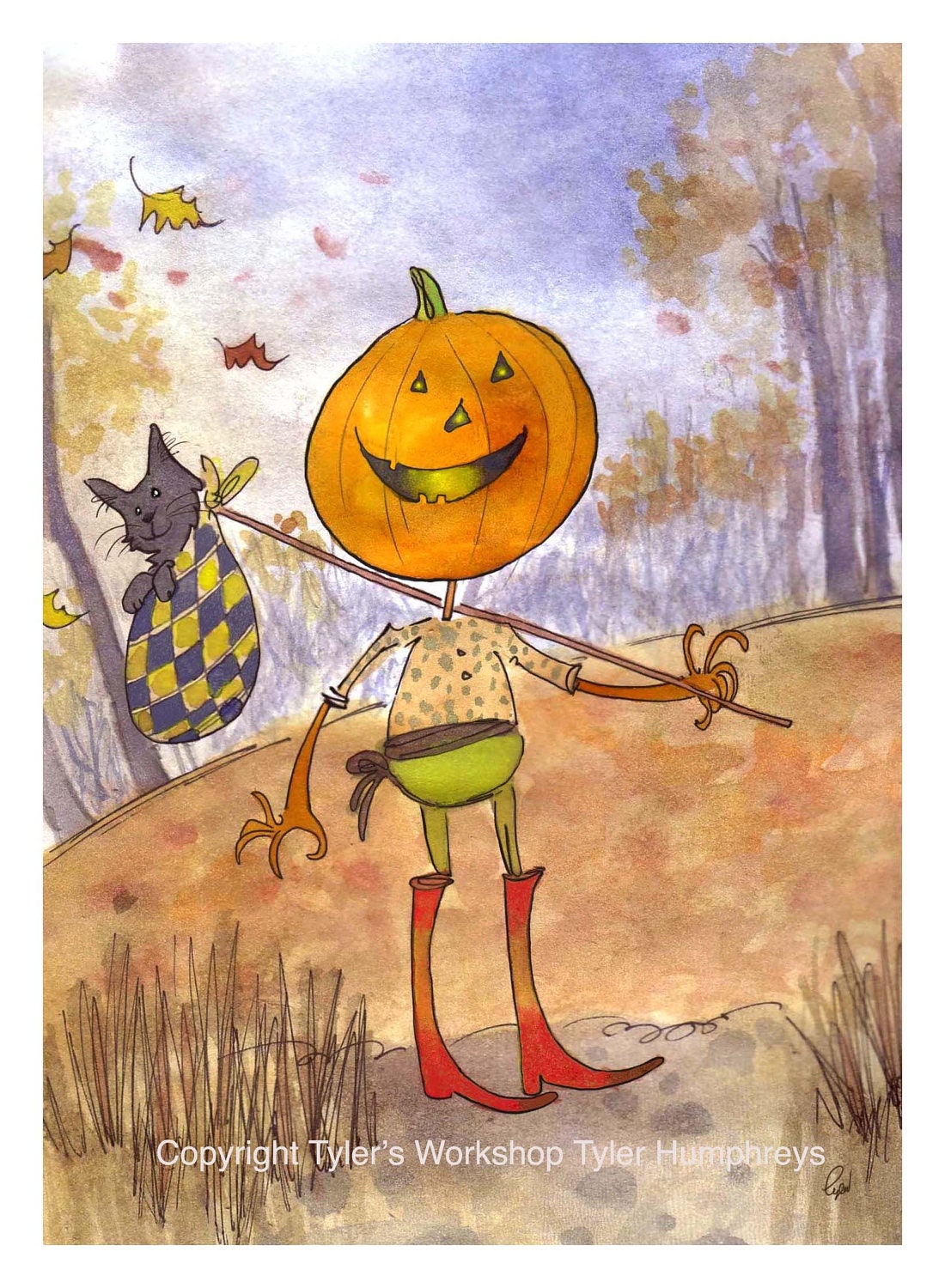 Halloween Greeting Card - Autumn Fall Pumpkin Jack O Lantern Watercolor Painting Illustration Cartoon Print