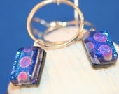 Dichroic Glass Dangle and Fine Silver Circle Earrings Pink and Blue Dot