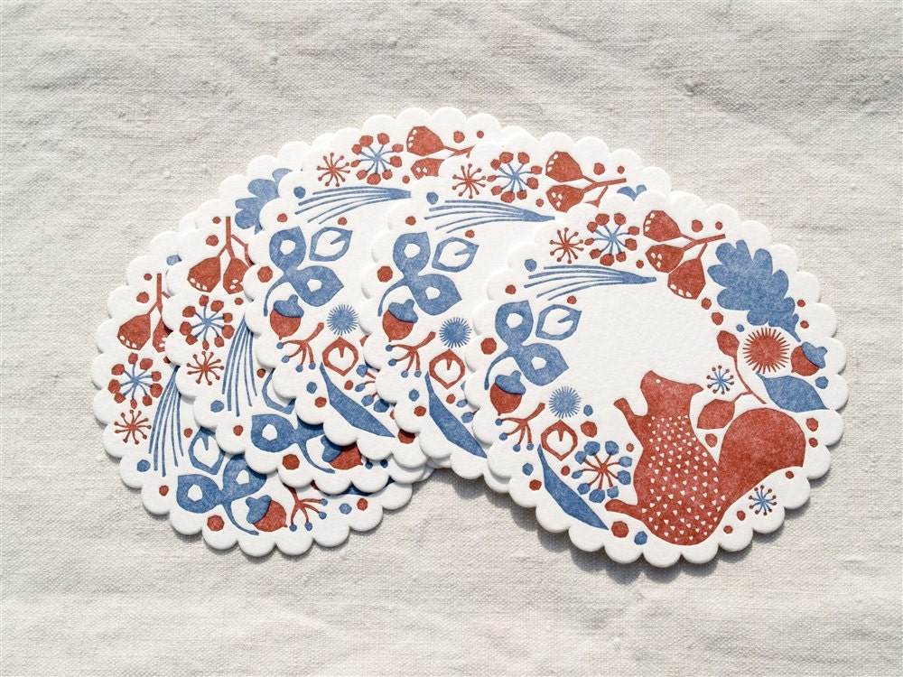 Beautiful thick Letter Pressed Coasters set of 5 -Squirrel, Leaves and Acorn for scrapbooking, tag making, packaging