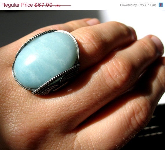 SALE Seafoam Stone Ring, Light Blue Ring, Natural Serpentine Stone, Oxidized Sterling Silver, Any Size, Unique Handmade Jewelry, Wire Ring