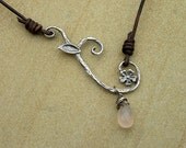 Sterling Silver , Pink Chalcedony and Leather Necklace Cherry Blossom