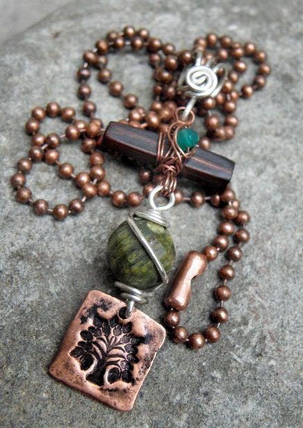 Tree Totem, Antiqued Copper, Sterling Silver filled, Copper Metal Clay, Green Onyx, and RainForest Jasper Necklace, ThePurpleLilyDesigns