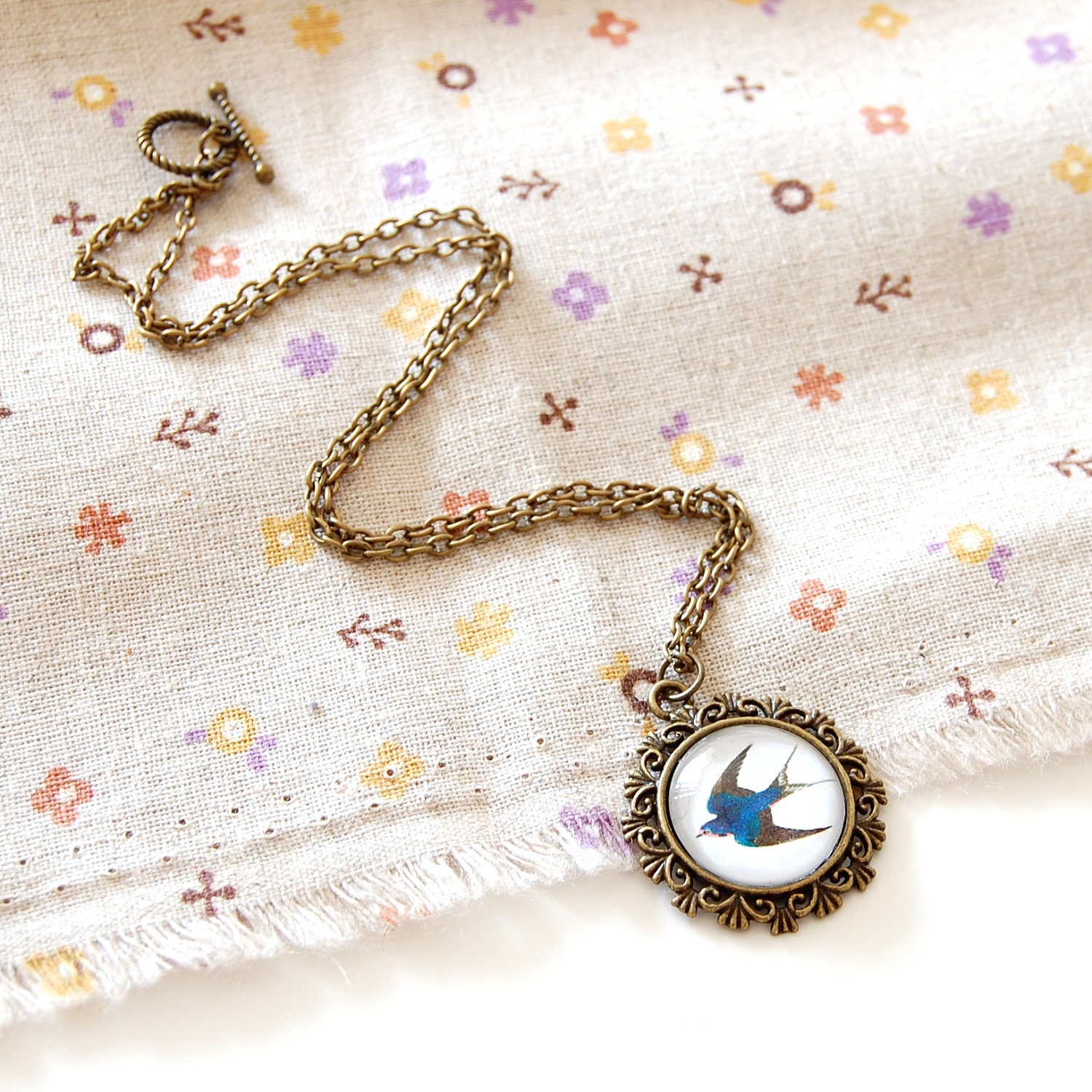 Swallow Necklace. Blue Bird Necklace. Vintage & Tattoo Inspired. Bronze Cameo, Glass Dome.
