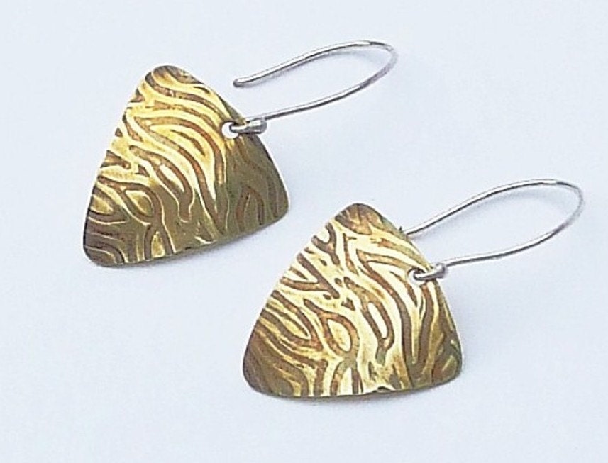 Textured brass ear rings with sterling silver earwires. FREE SHIPPING WORLDWIDE