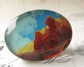 Woman looking skyward - handmade 40x30mm glass oval cabochon, horizontal orientation, sky cloud heaven, orange, aqua blue, yellow 4ST5