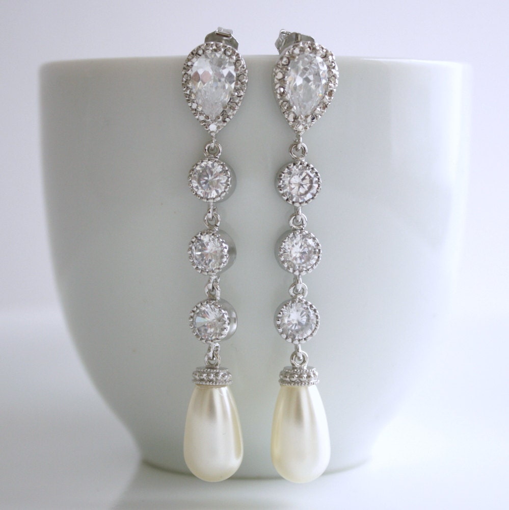 Wedding Pearl Jewelry Bridal Earrings Cubic Zirconia Teardrop Connectors Cream Ivory Pearl Earrings Silver Posts Wedding Earrings