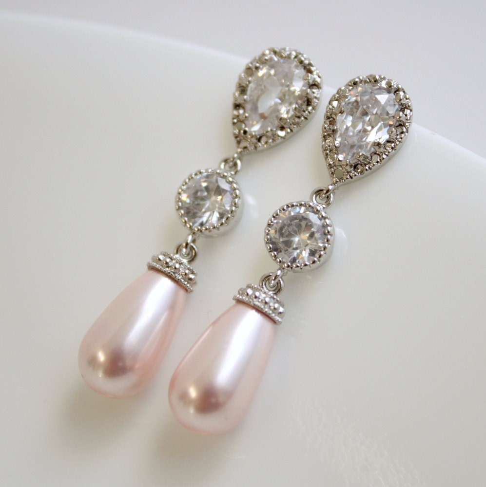 Pearl Jewelry Rose Pink Pearl Earrings Cubic Zirconia Bridal Earrings Silver with Swarovski Pearl Drops Wedding Jewelry