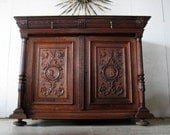 Antique French Carved Buffet  Server Cabinet Sideboard   antique oak buffet carved portraits