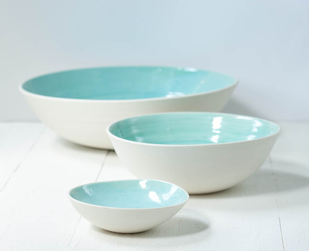 Large Aqua and White Porcelain Nesting Bowls