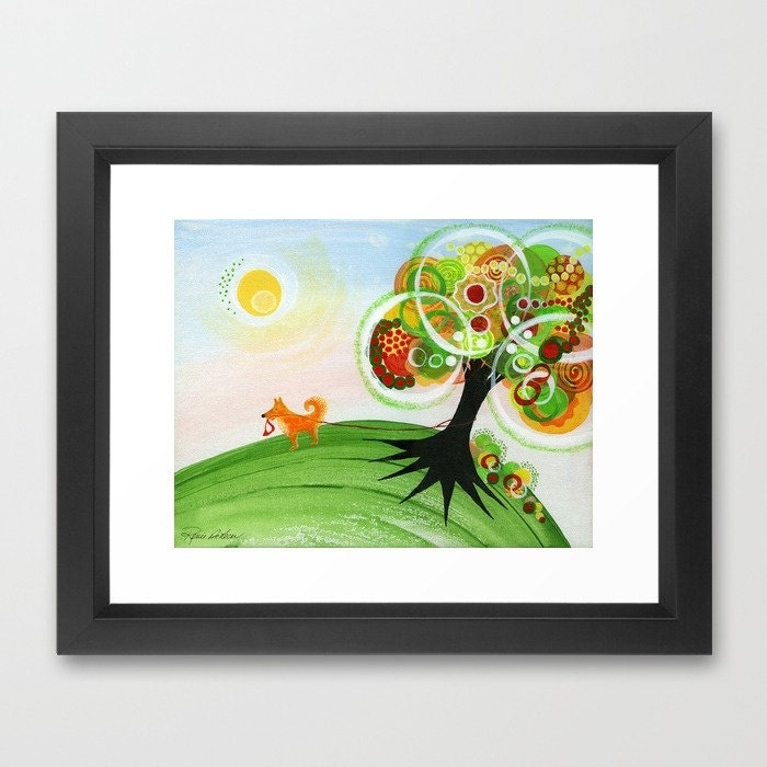Summer Dog Print Artist Signed Holding On Tree Dogs Pets Sun Flowers Grass Kids Yellow Orange Red Blue Green Happiness Colorful Landscape