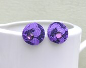 Fabric Button Earrings, Black and Purple, Fabric Covered Button Studs, Purple Earrings, Surgical Stainless Steel Earrings, Button Jewelry