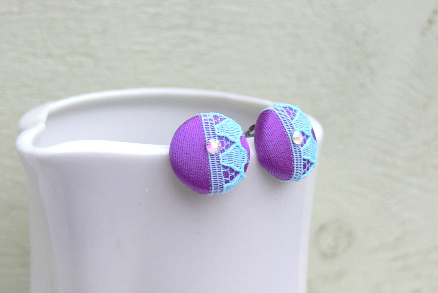 Fabric Button Earrings, Purple Earrings, Fabric Covered Button Studs, Surgical Stainless Steel Earrings, Purple and Blue, Button Jewelry