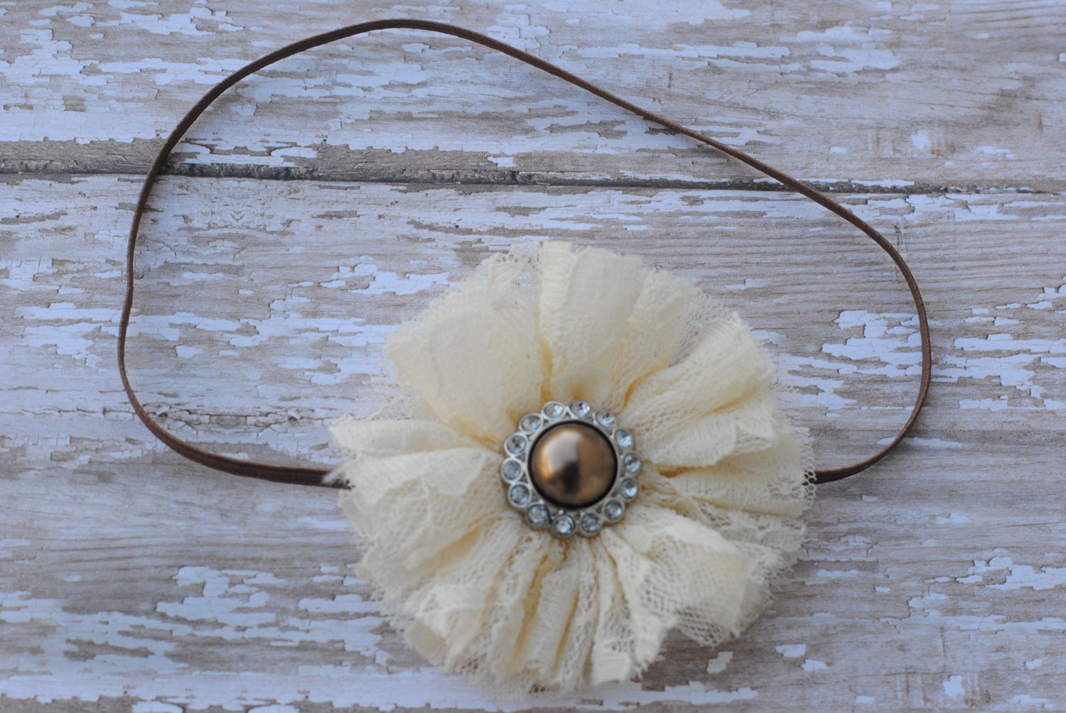 Lace and Tulle Flower Headband - Ivory and Brown