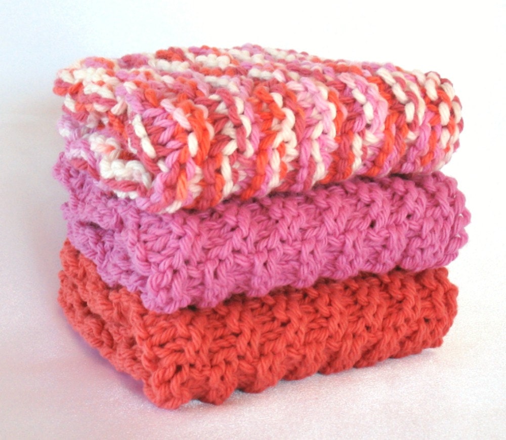 Knit Dishcloth Cotton Knitted Dish Cloth Face Wash Cloth Washcloth Coral Pink Tangerine Kitchen Tropical Bathroom Bath Beauty Gift Set
