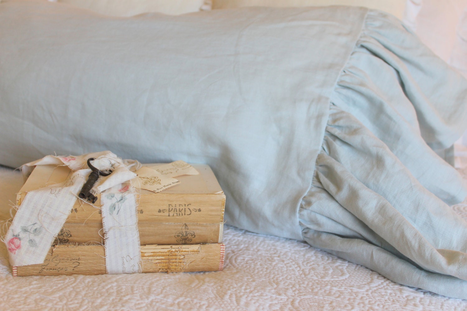 King Size The Mirabelle Linen Collection Ruffle Pillowcase in French Blue