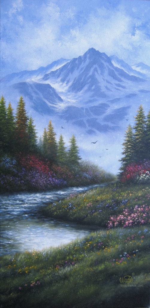 Mountain Landscape Oil Painting - Vickie Wade art, mountain paintings, forest, river, wilderness paintings