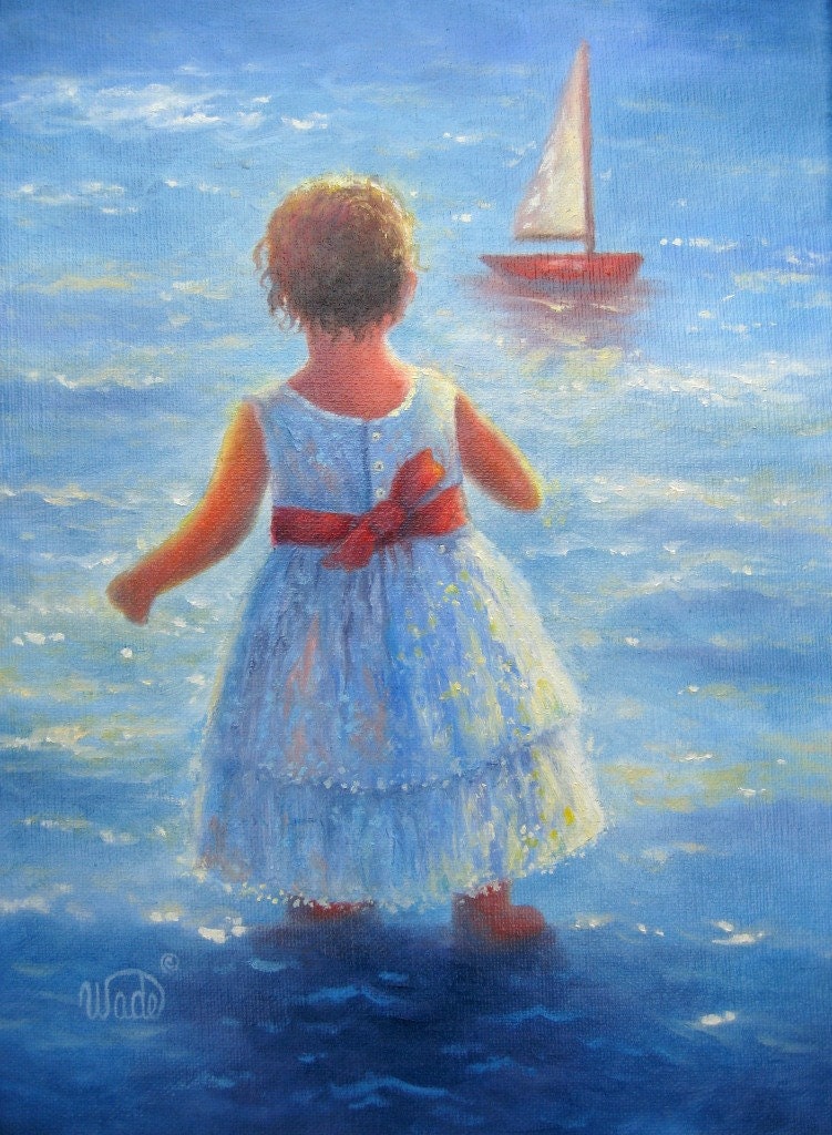 Waves Little Girl Original Oil Painting, little girl at Beach, Beach Girl, beach girl paintings, children at beach