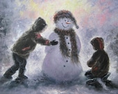 Snowman and Two Boys Oil Painting, two brothers, original painting, Vickie Wade paintings, snowman art, canvas