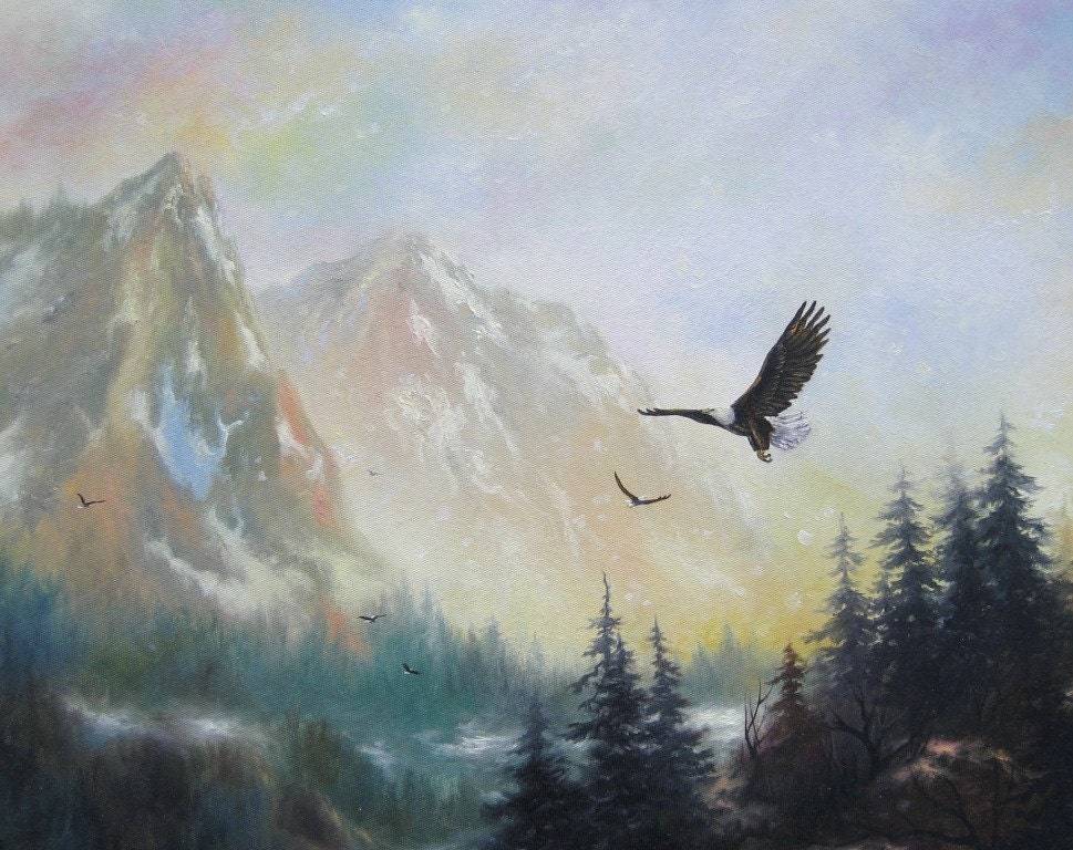 Summit Meeting Original Oil Painting, mountain paintings, waterfall, eagle painting, Vickie Wade paintings, canvas art
