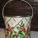 1970s red roses painted enamel tin emboidery basket with ARTEX liquid embroidery and caddy