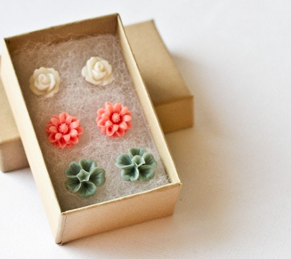 3 Flower Earring Sets - Floral Earrings, Pink Peach Dahlia, Grey Green Flower, White Rose Earrings, Girl Christmas Gift