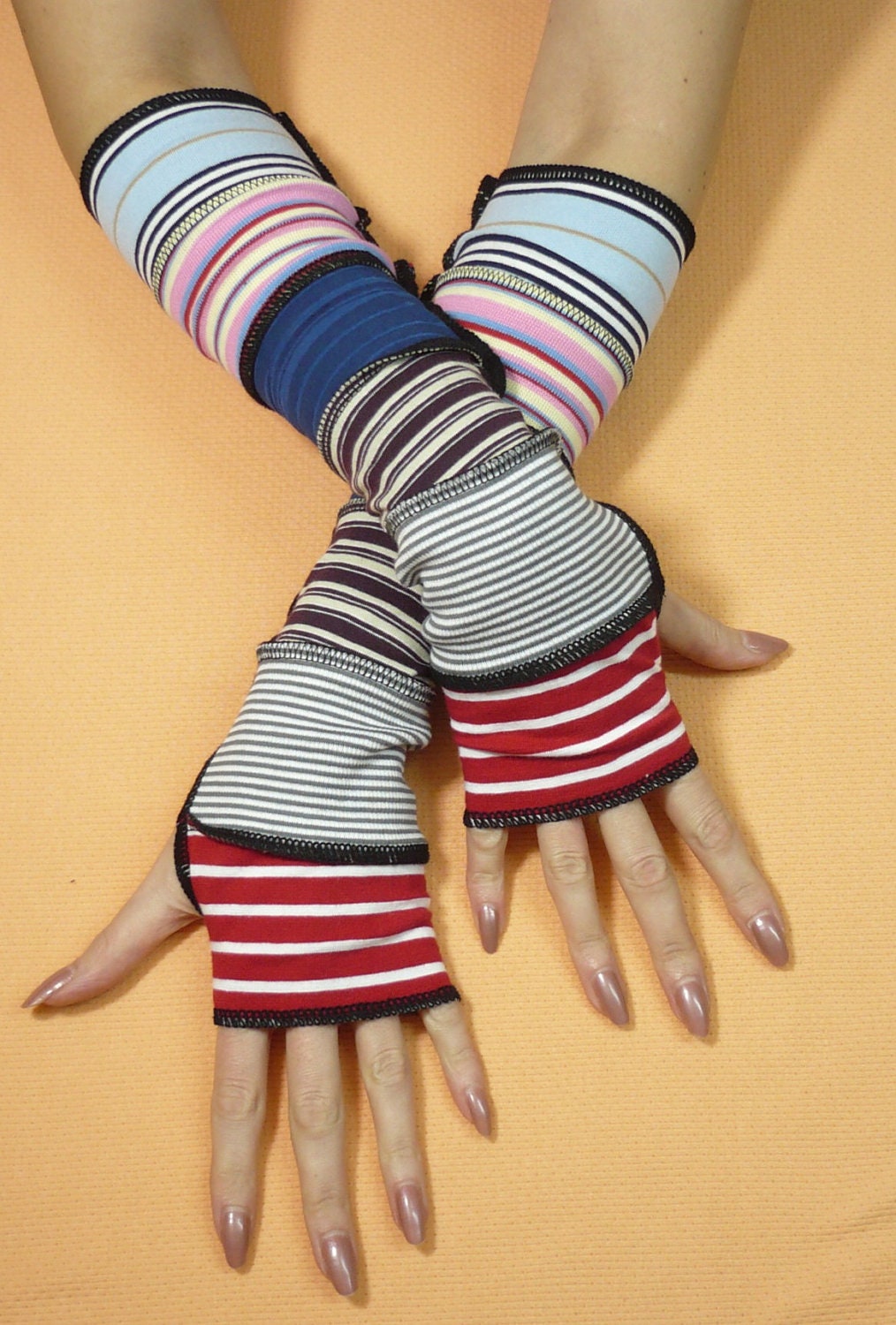 Crazy Striped Armwarmers, Multicolor Fingerless Gloves, Blue, Red, Pink, Upcycled Vagabond Sleeves, Hippie and Boho Styles, Recycled