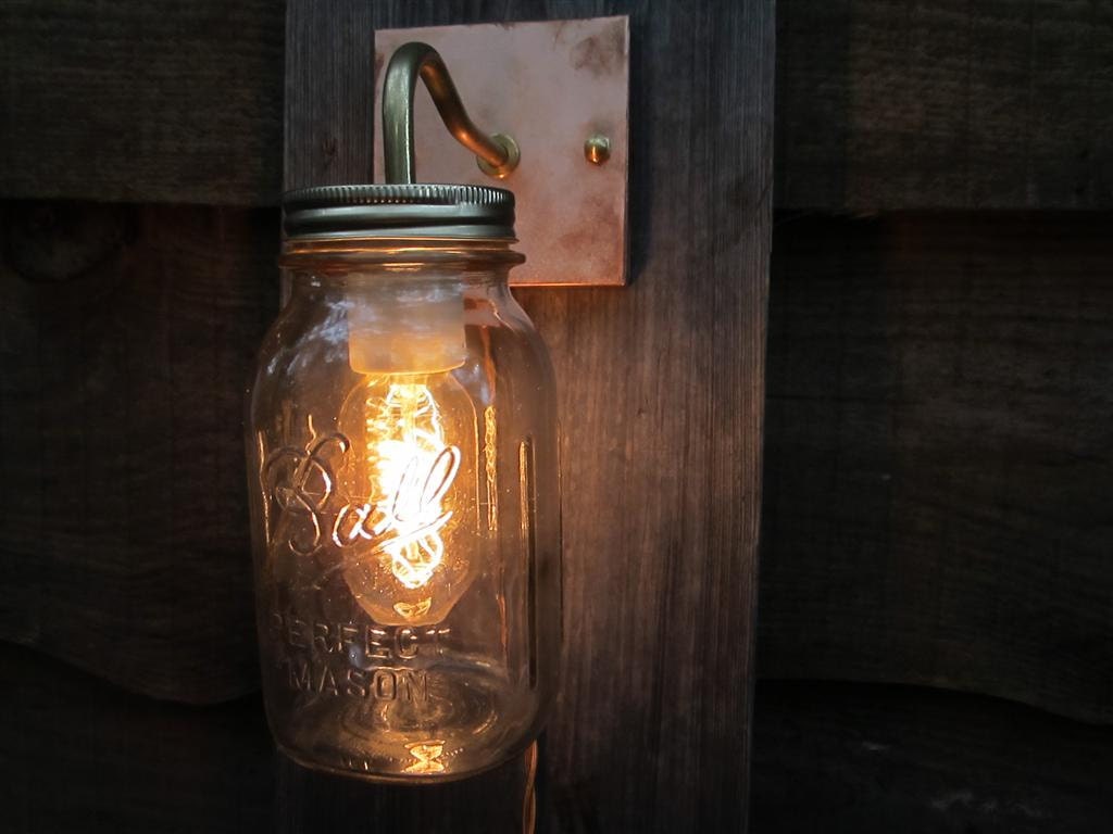 Mason Jar Sconce Light - Copper Wall Mount Plug In Sconce - Vintage Clear Canning Jar with Copper Wall Plate and Long Cord With Plug
