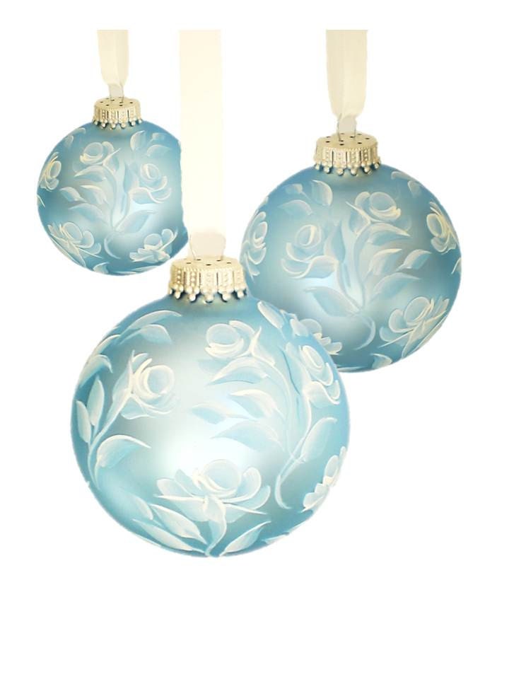 Hand Painted Christmas Ornaments, Set of 3 Blue and White Roses, White Ribbon, Curly Hanger, Set of 3 - Holidays Gift Ready to Ship - HandPaintedPetals