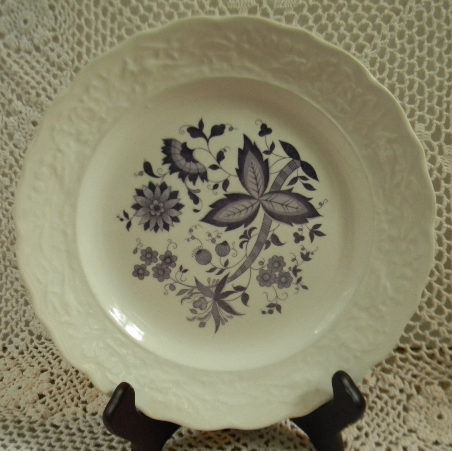 Embossed Border Purple Transferware Plate Rare Purple Onion or Aster Peony and Bamboo Stalk