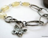 Yellow Aventurine Gemstone Antiqued Silver Large link  butterfly charm Bracelet