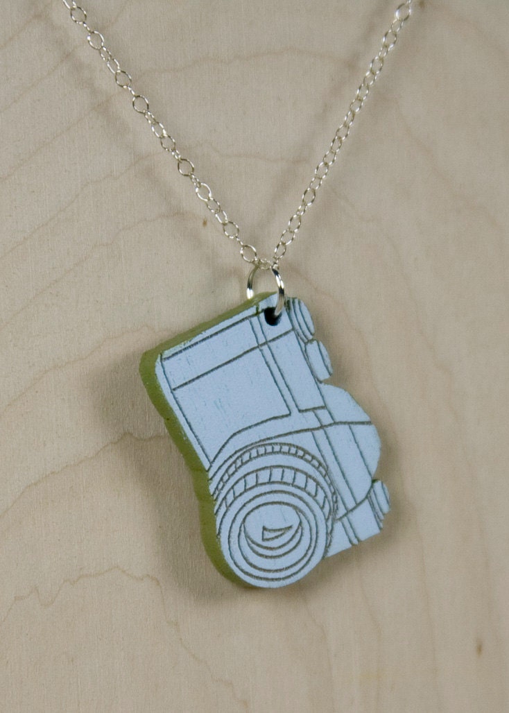 Mini SLR Camera Necklace- Laser Cut, Hand Painted with Sterling Silver Chain