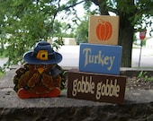 Hand Painted TURKEY Shelf Sitter and Wood Blocks, Thanksgiving, Home Decor, Holidays, Fall