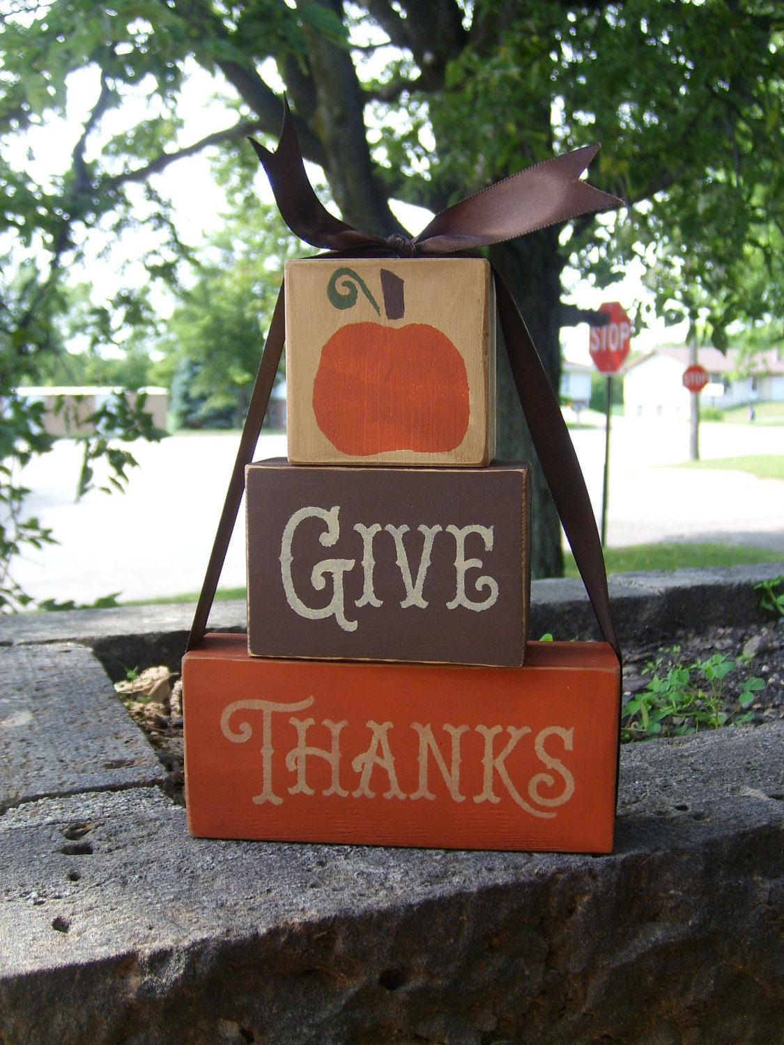 GiVe ThAnKs Wood Block Set Sign Primitive Fall Decor Hand Painted Home Decor