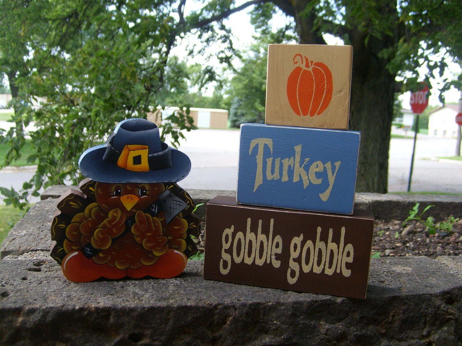 Hand Painted TURKEY Shelf Sitter and Wood Blocks, Thanksgiving, Home Decor, Holidays, Fall