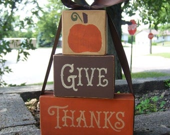 GiVe ThAnKs Wood Block Set Sign Primitive Fall Decor Hand Painted Home Decor