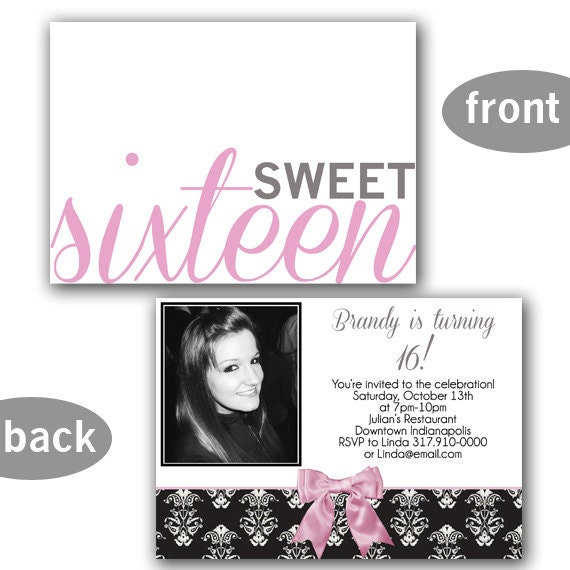 12 Pink and Gray Sweet Sixteen Invitations OR digital file