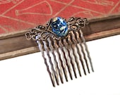 Something Blue - Vintage Harlequin Fire Opal Hair Comb - Antiqued Gold - Antique Brass - WWII