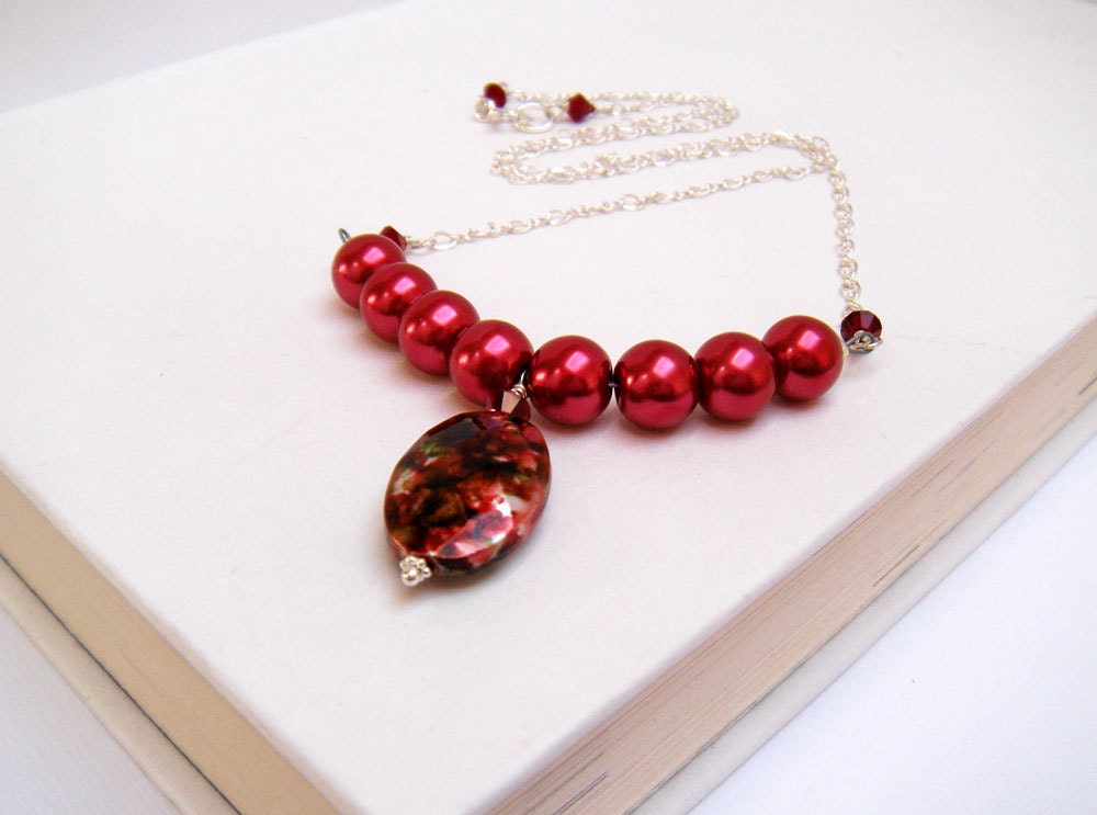 Red, Green, and Silver Pearl Necklace, Christmas Necklace, Holiday Necklace - Holiday Collage - merryalchemy