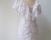 vintage 80's gorgeous diva white ruched lace, ruffle party dress
