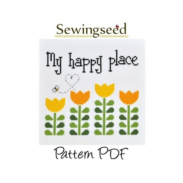 My Happy Place Tulip Garden Cross Stitch Pattern, INSTANT DOWNLOAD