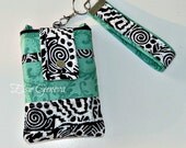 Black and White Batik and Ultramarine Green Swirls  Phone Case with Wristlet with Back Zipper Pocket Ready to Ship