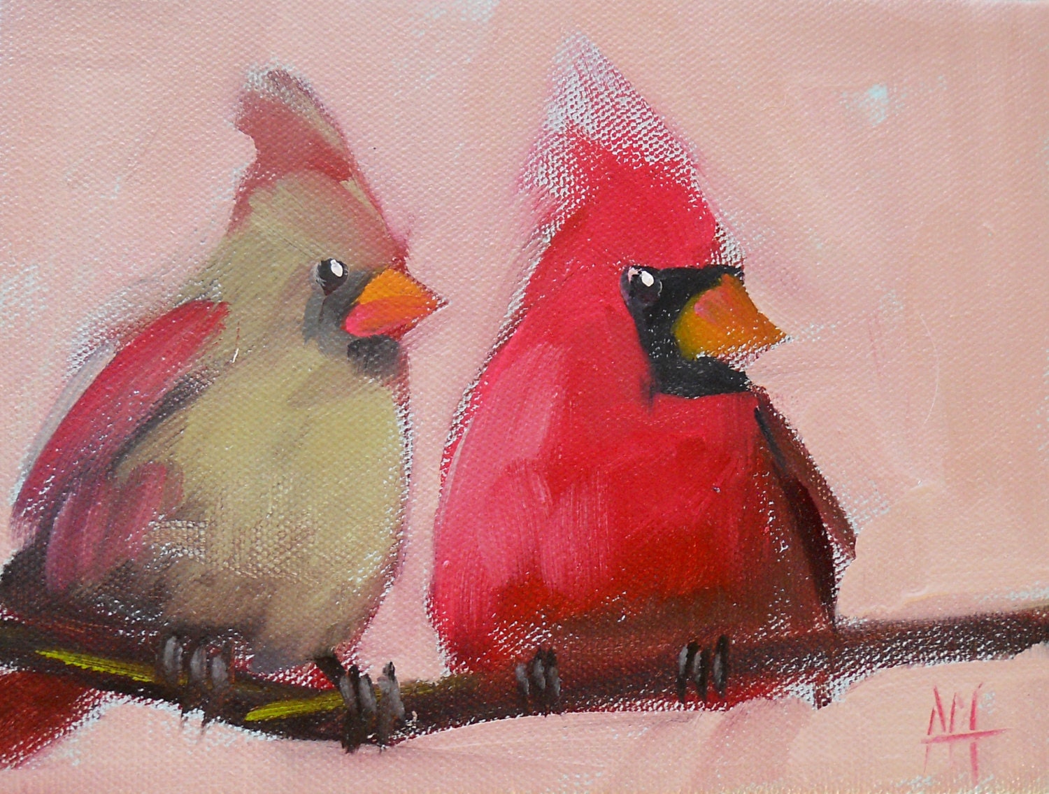 Pair of Cardinals no. 6 original bird oil painting by moulton 6 x 8 inches on canvas prattcreekart