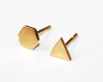 Mismatched triangle and hexagon stud earrings (yellow gold dipped)