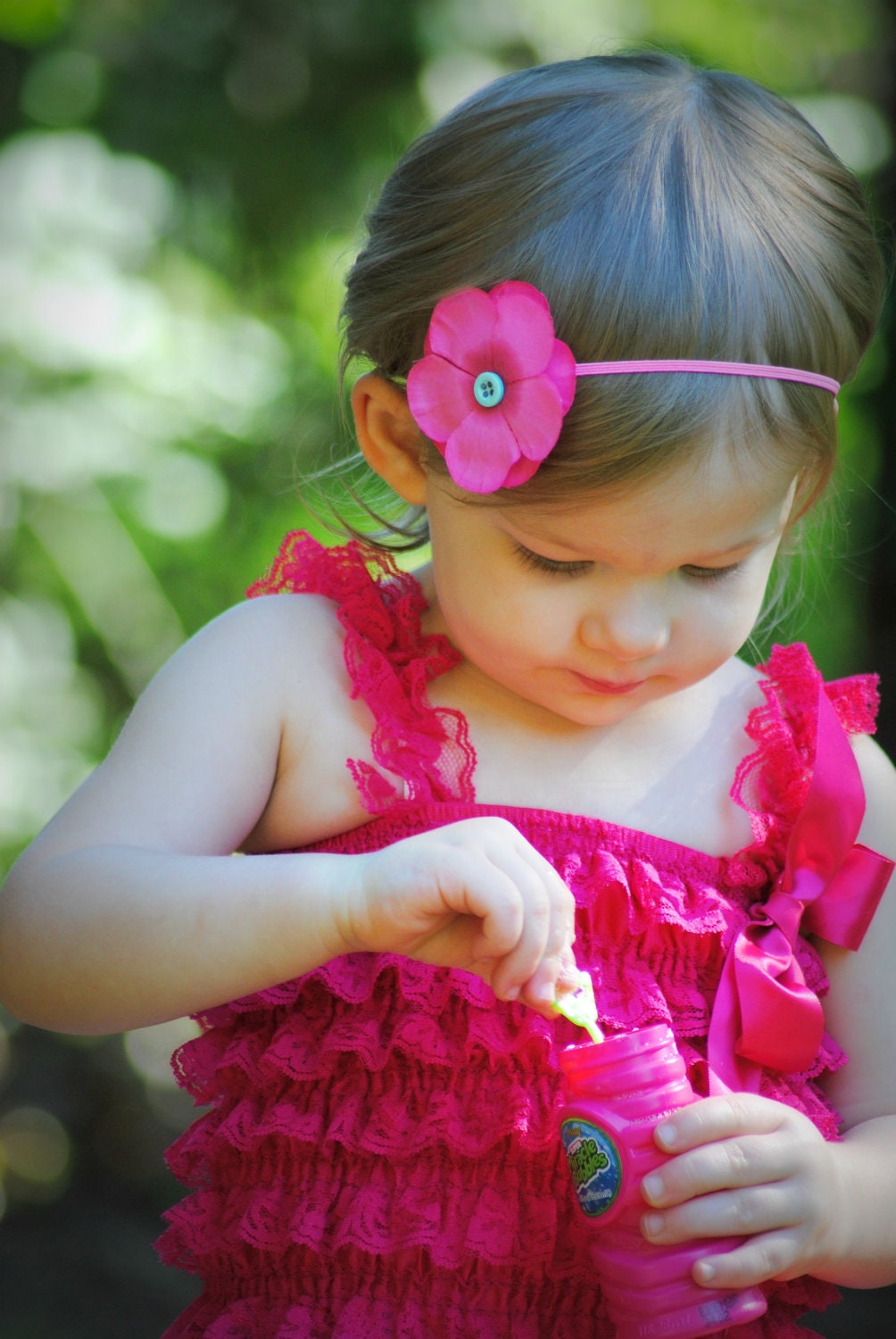 Pink Flower Headband with Aqua Vintage Button Center...Baby Flower Headband...Newborn Headband...Pink Headband