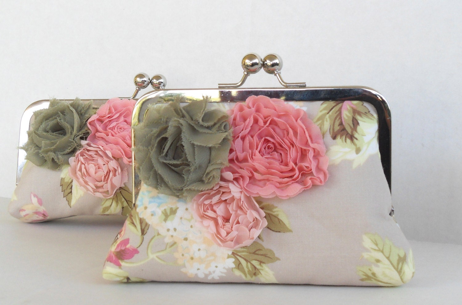 Romantic wedding clutch, vintage floral bridesmaid clutch, pink and green wedding, shabby chic clutch