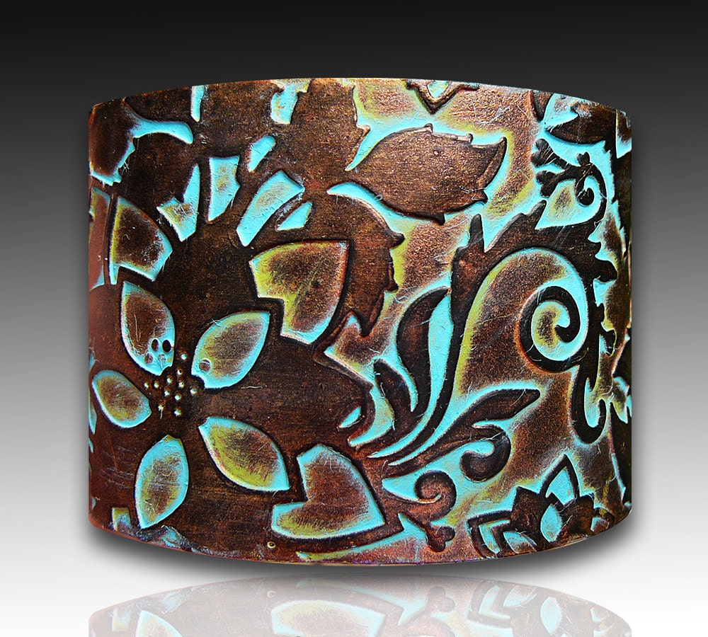 Handmade copper and bronze with patina polymer clay cuff bracelet