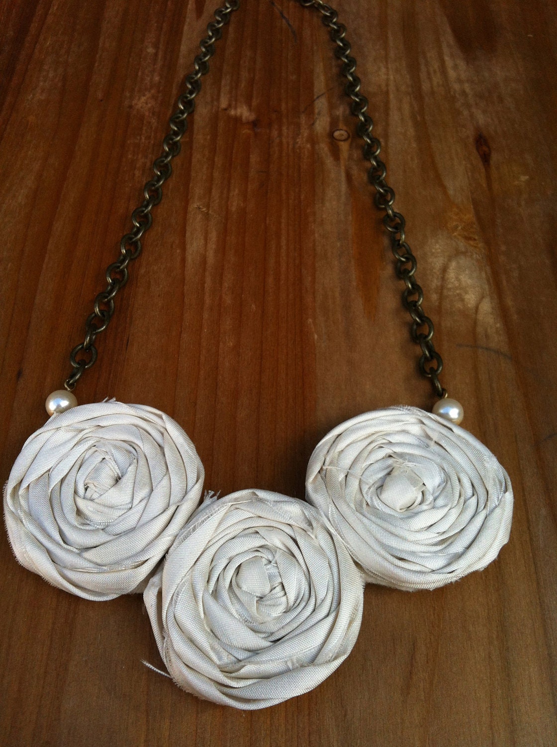 Ivory Dupioni Silk Rosette Bib Necklace Antique Brass Chain