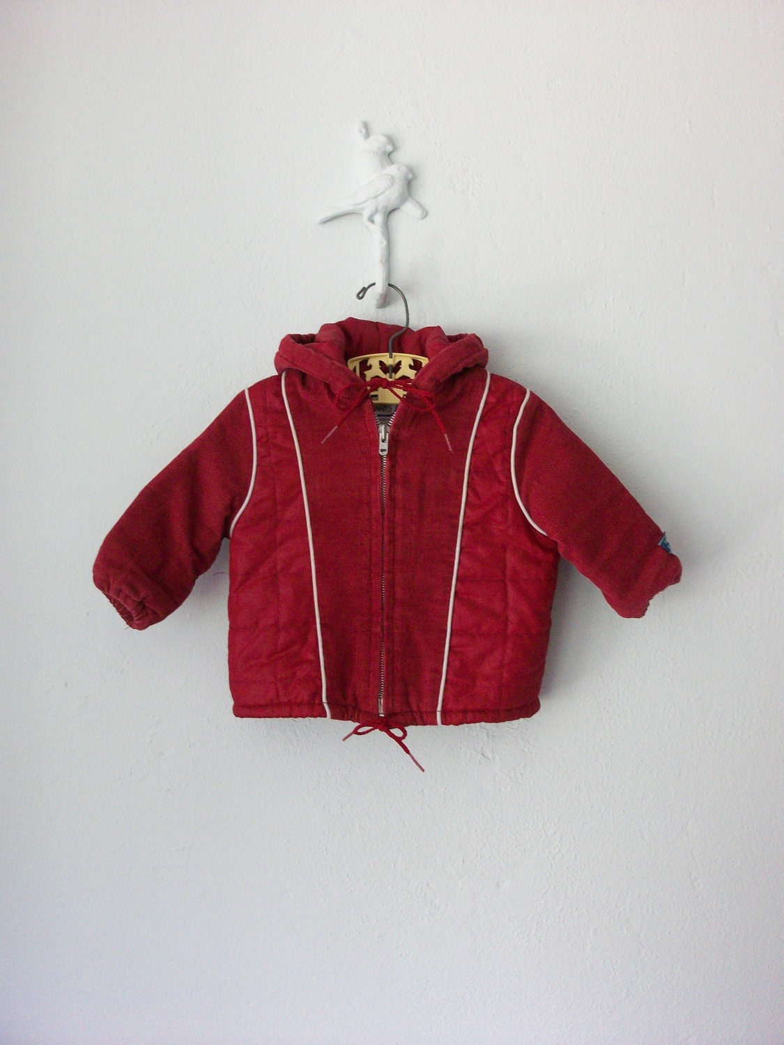 Vintage Baby Jacket ... Red Quilted Corduroy Hooded Coat ... 1 year