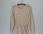 Vintage Pointelle Knit Dress ... 70s Ivory Cream Belted Dress ... Medium / Large